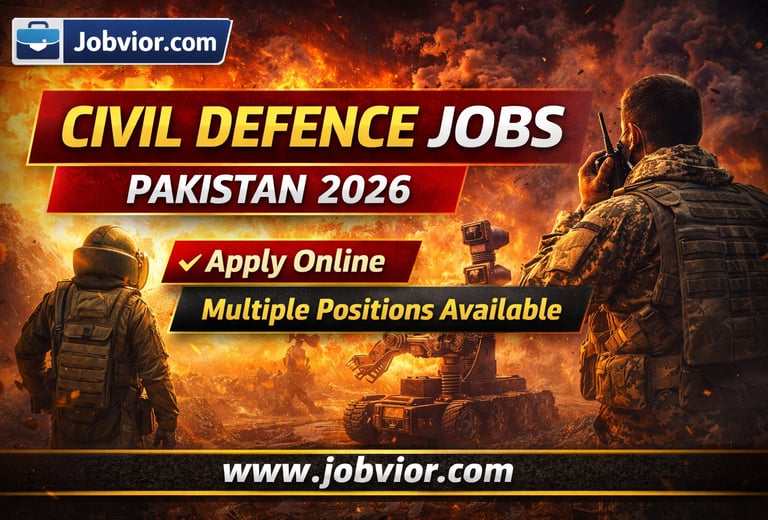 4:3 promotional blog image for Civil Defence Jobs Pakistan 2026 showing a security and bomb disposal