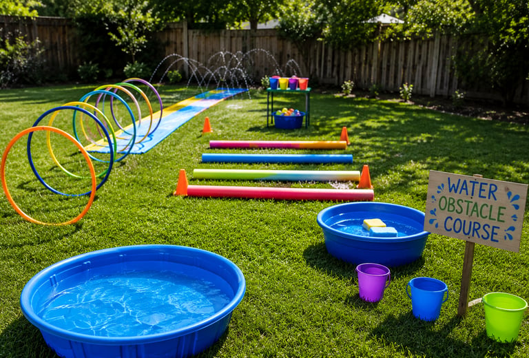 A water obstacle course set up in the backyard.
