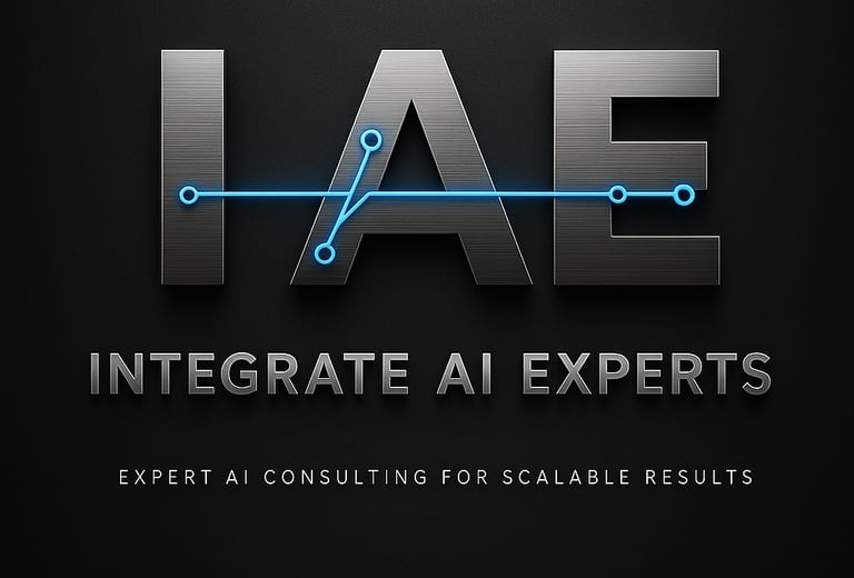 Integrate AI Experts (IAE) logo with blue circuit lines, metallic letters, and the tagline “Expert AI Consulting for Scalable
