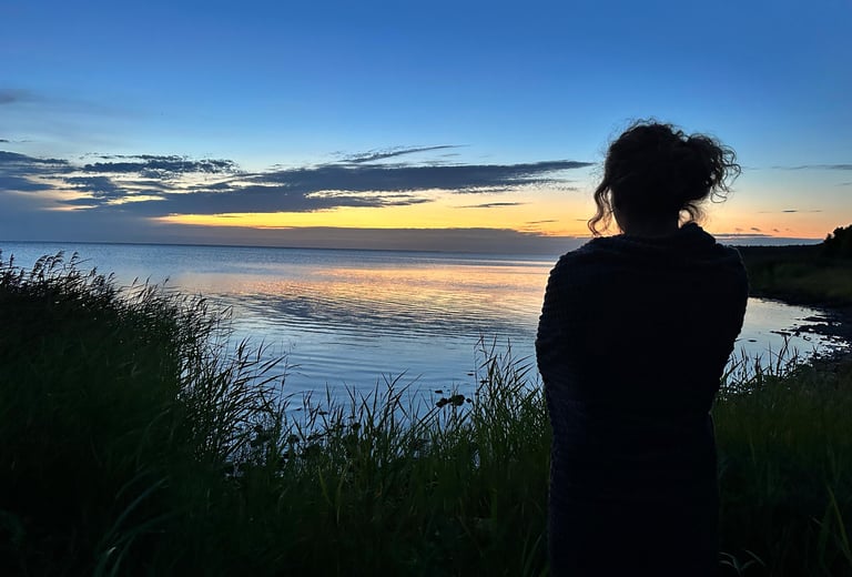 A picture portraying a silhouette of a person looking at the calming sea water at dusk.