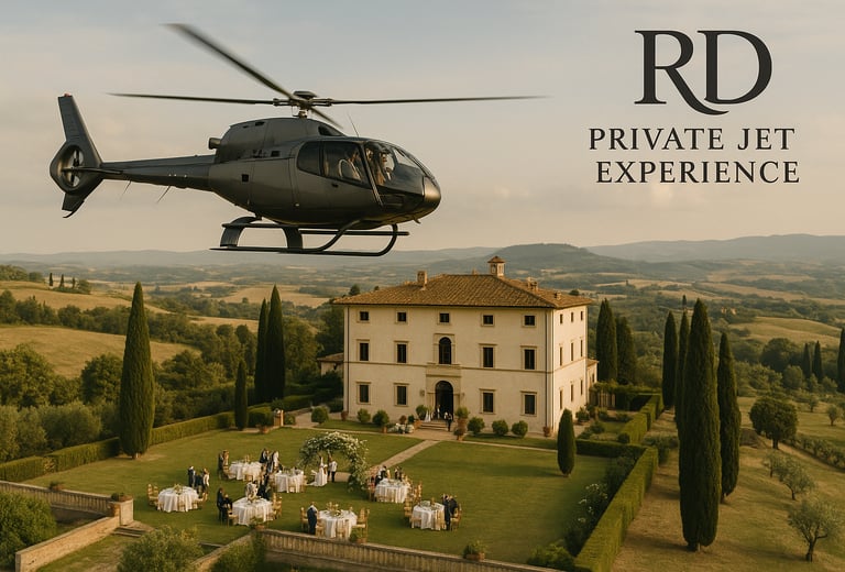 Elicottero per matrimonio esclusivo sorvola una location di lusso in campagna