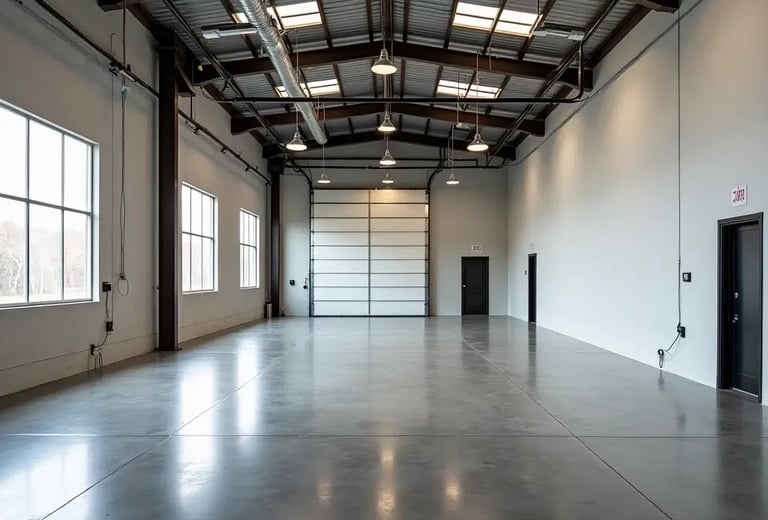a large open space with gray epoxy flooring finished