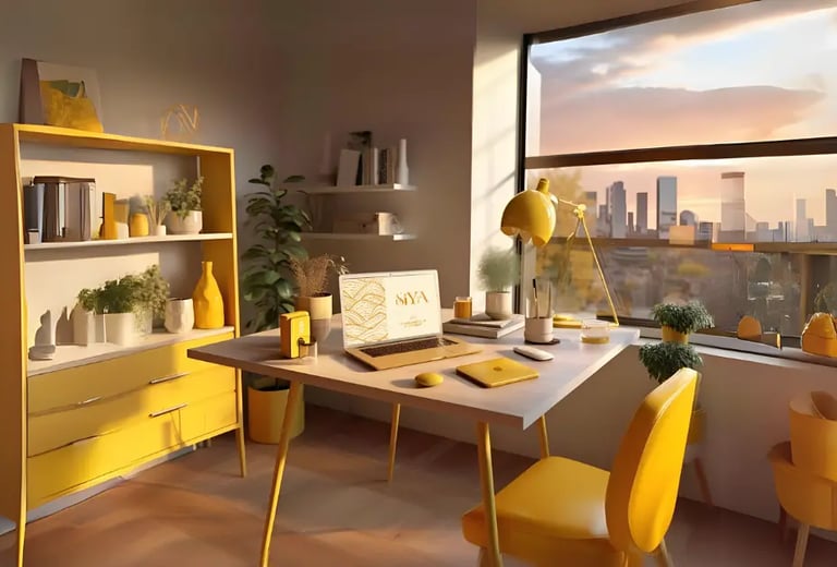 a cosy and warm corner office space with a view of dusk settling on the city skyline