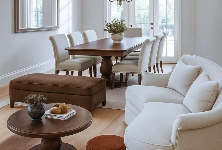 Neutral sofa paired with bold accent ottoman in a living room setting with layered textures.