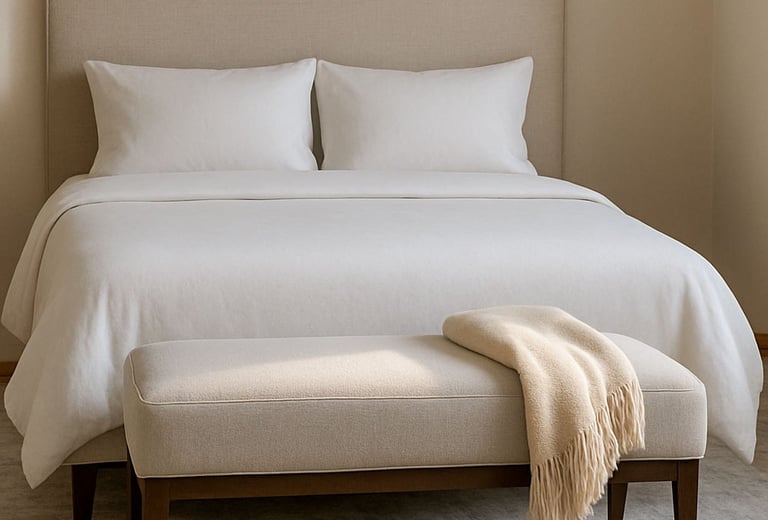 Bedroom with a bench at the foot of the bed, styled in soft lighting with neutral tones and subtle shadows.