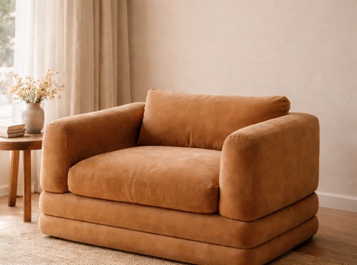 Custom tan upholstered lounge chair with deep seat, wide arms, and soft cushioning