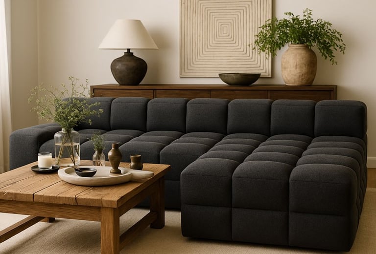 Oversized dark gray cube sectional in a warm modern living room with rustic wood coffee table, sideboard, and earthy decor by
