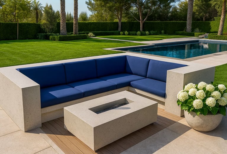 Modern outdoor sectional by Solo Home Decor in a luxury backyard with pool, concrete fire pit, and lush green landscape.