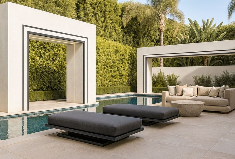 Modern custom-made outdoor furniture with dark cushions by the pool in a high-end backyard, by Solo Home Decor.