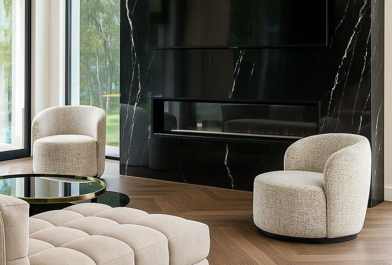 Pair of custom white barrel chairs with rounded backs in a modern living room