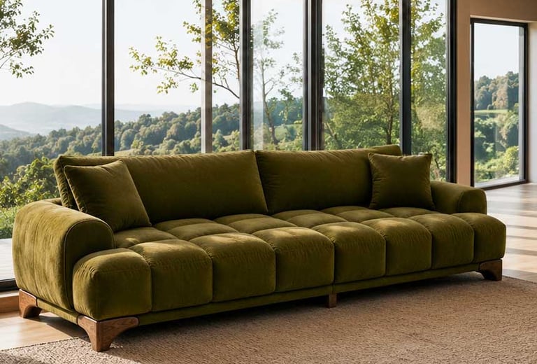 Olive green tufted sofa with a walnut wood base in a bright modern home with large windows and scenic views