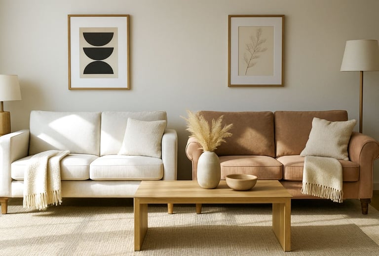 Side-by-side comparison of modern sofa with clean arms and traditional rolled-arm sofa in a refined, sunlit living room.
