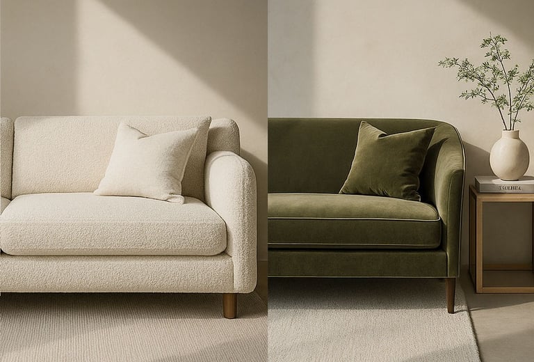 Editorial moodboard showcasing bouclé, velvet, and buttery leather sofas in a refined interior setting.