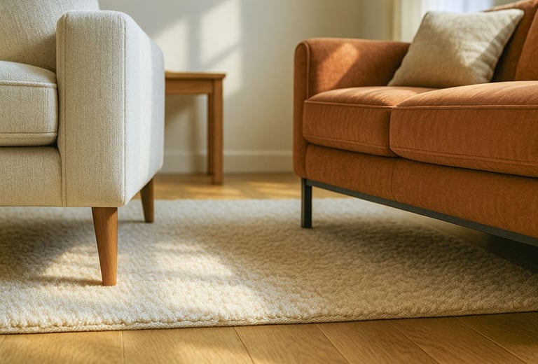 Low-angle view of two sofa leg styles: tapered wood and hidden base, styled with soft textures and natural shadows.