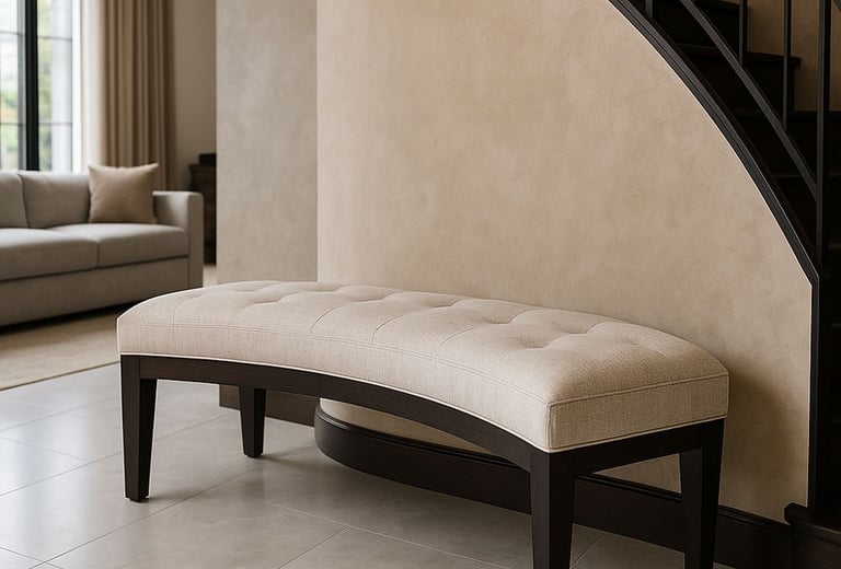 Modern luxury interior featuring Solo Home Decor’s custom curved bench with tufted fabric, showcased under a sleek staircase.