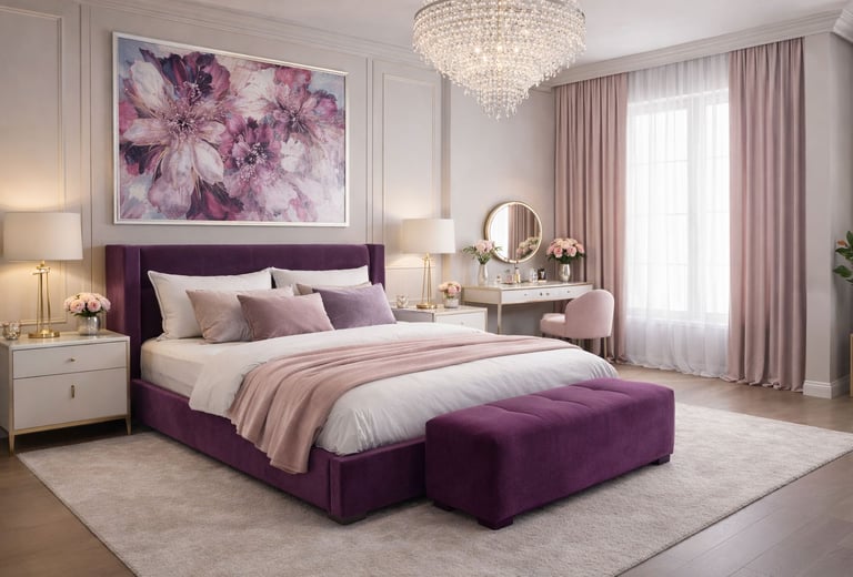 Luxury bedroom with a purple velvet platform bed and matching bench, white bedding with blush accents.