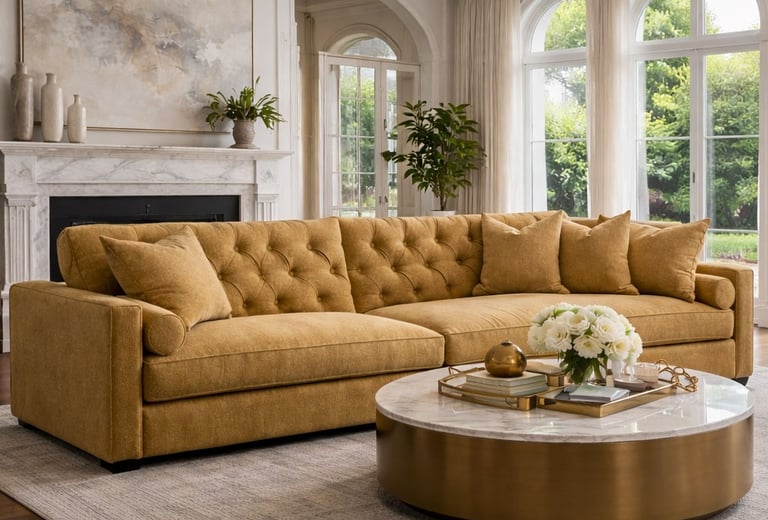 Mustard tufted sofa in a bright living room with custom design furniture and transitional furniture by Solo Home Decor