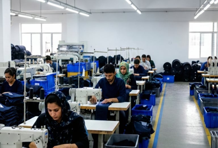 Workers at a production facility using industrial sewing machines to assemble garments.