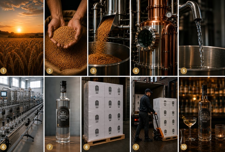 Stapsgewijs productieproces van vodka, van graanoogst tot distillatie in koperen distilleerketels en