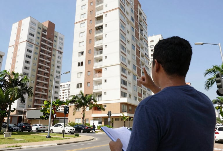 Real estate appraiser holding a clipboard and inspecting modern residential apartment buildings.