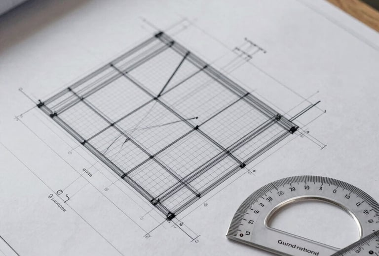Close overhead view of a structural engineering drawing spread across a site table—pencil annotations, elevation sections, and grid lines visible. A set square and scale ruler rest at the lower-right corner. Studio lighting from above, no people, materials sharp and precise.
