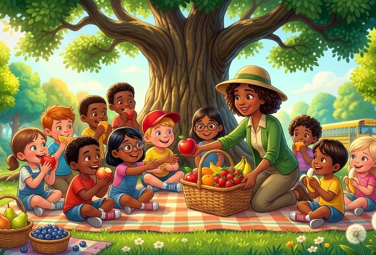A teacher sharing fresh fruit with diverse children during an educational school picnic under a large oak tree.