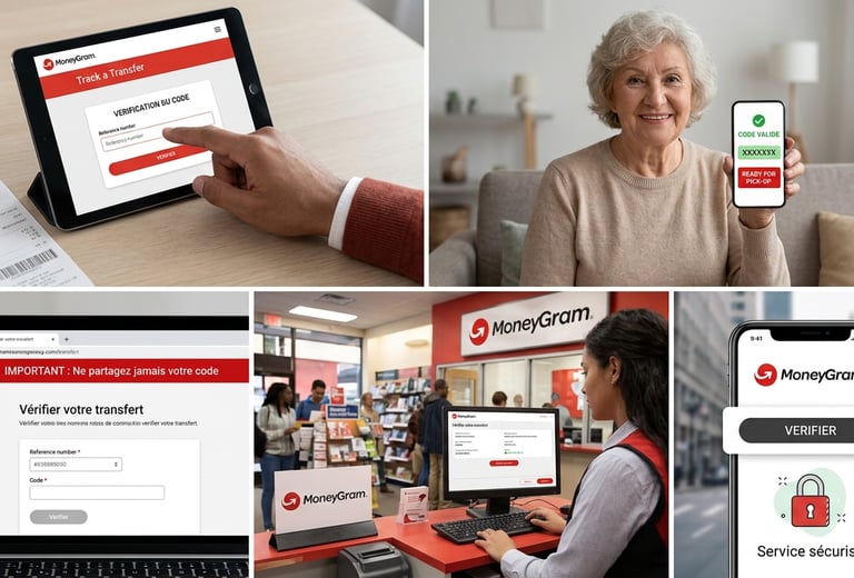 Interface numérique pour vérifier la validité d'un code de transfert MoneyGram en temps réel.