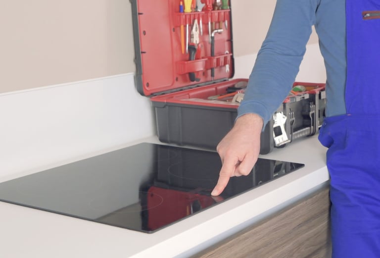 a person in a blue overall suit and a tool kit
