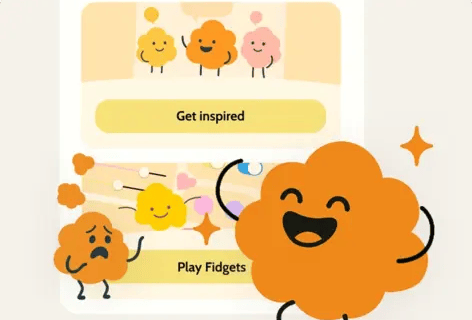 Orange cloud characters demonstrating the VapeFree fidget tool to break vaping habits.