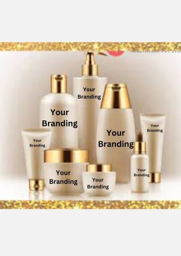 a group of cosmetic products with a gold frame