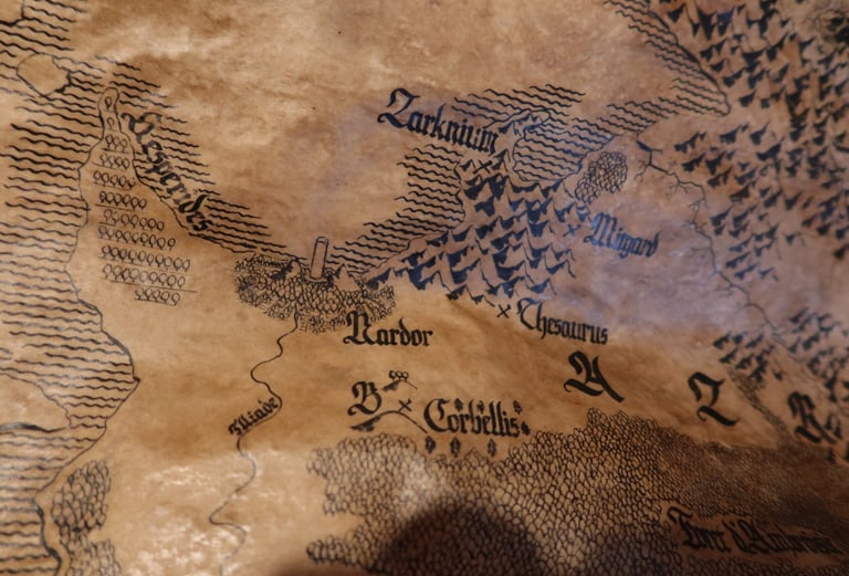 Carte parcheminée antique de fantasy avec villes et forêts sauvages.