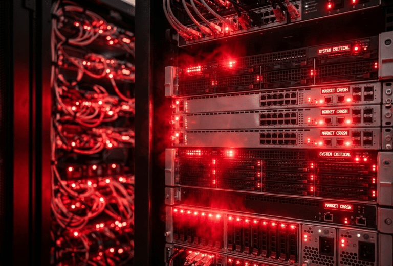 Servidores de alta tecnologia com luzes vermelhas de alerta.