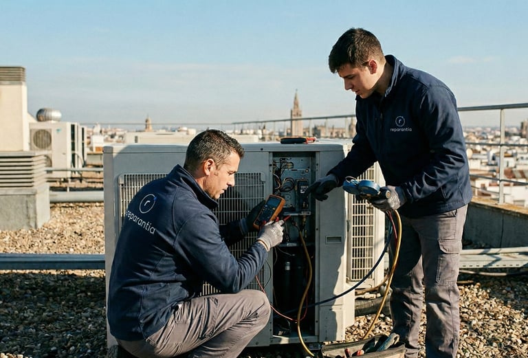 Técnicos de Climatización y Aire Acondicionado de la empresa Reparantia, realizando carga de gas.