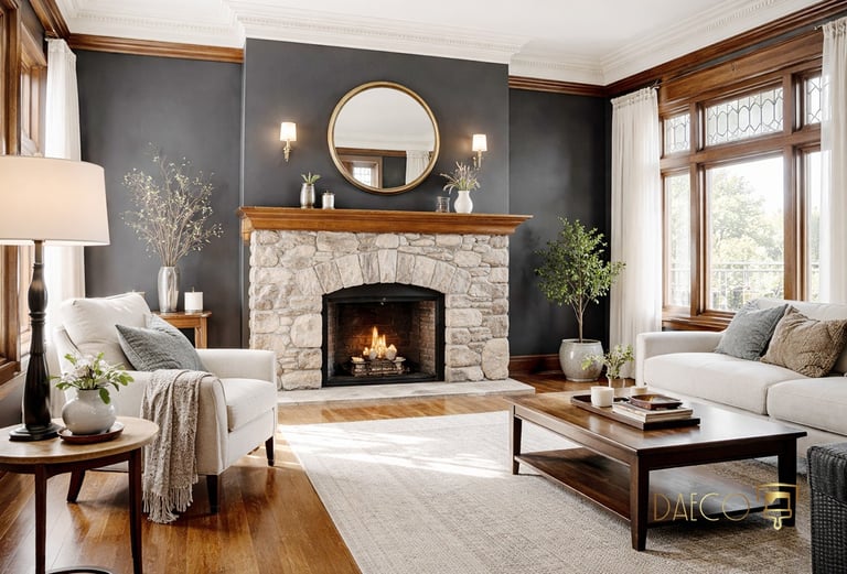 a living room with a fireplace and a fireplace