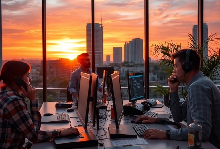 a man and woman sitting at a desk with a sunset in the background