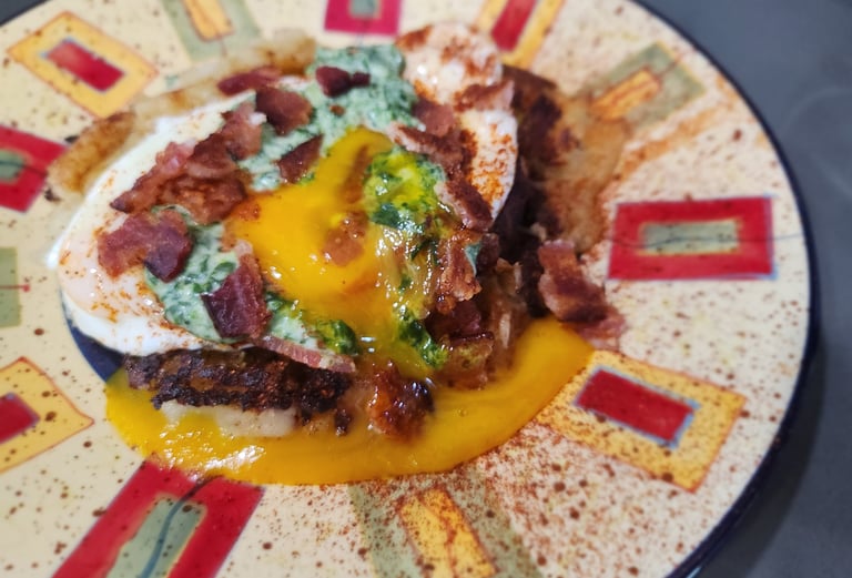 traditional 18th Century Bubble & Squeak with fried egg & bacon 