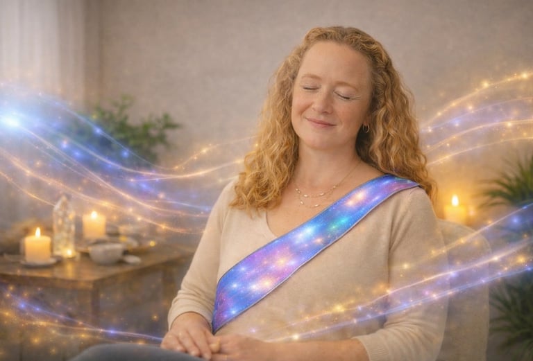 Serene woman with curly light auburn hair wearing a holographic wellness sash, eyes closed, surrounded by soft glowing light.