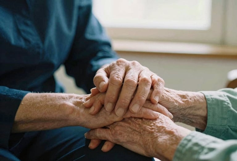 Close-up of a carer gently holding an elderly person's hands in a warm, sunlit room, soft focus, comforting sage green tones, 35mm photography