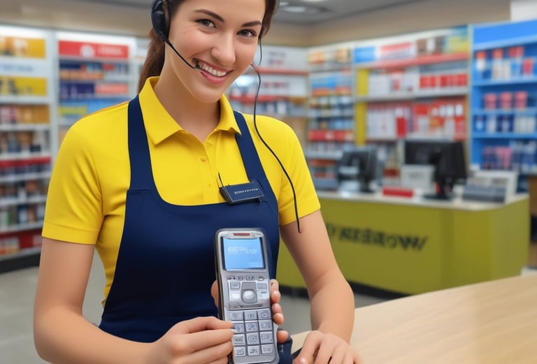 A friendly customer service representative wearing a yellow and black uniform, smiling and ready to help.
