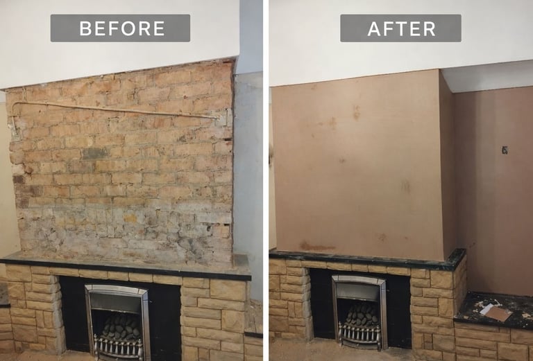 Before and after plastering of fire place in Wirra