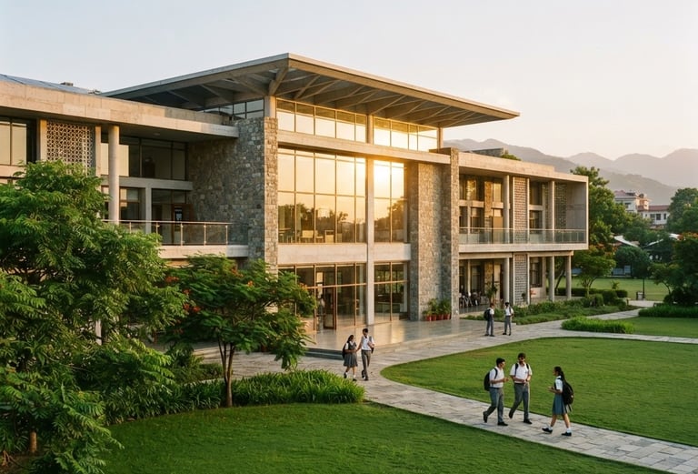 Bright editorial photography of a modern Indian school building with clean architectural lines, warm golden-hour sunlight reflecting off large windows, green manicured lawns in the foreground, 35mm.