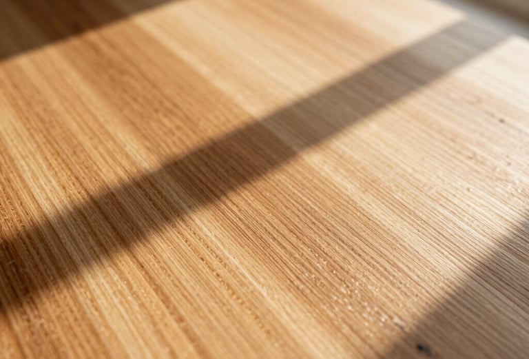 Macro shot of warm wood grain melamine paper texture, golden hour sunlight casting soft diagonal window shadows, tactile and premium surface detail, 35mm lens