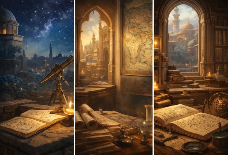 Classical Islamic scholars in a historic library studying astronomy, medicine mathematics Golden Age of Islamic science learn