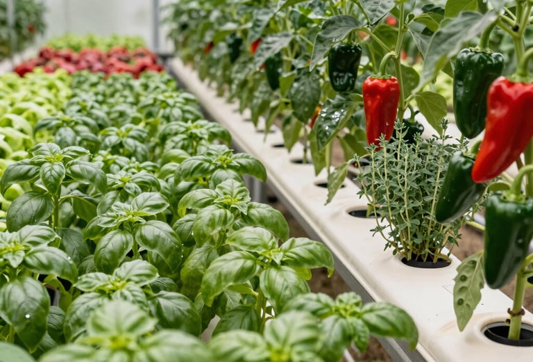 Close-up of fresh herbs and spices growing in a sunlit organic garden, ready for harvest.