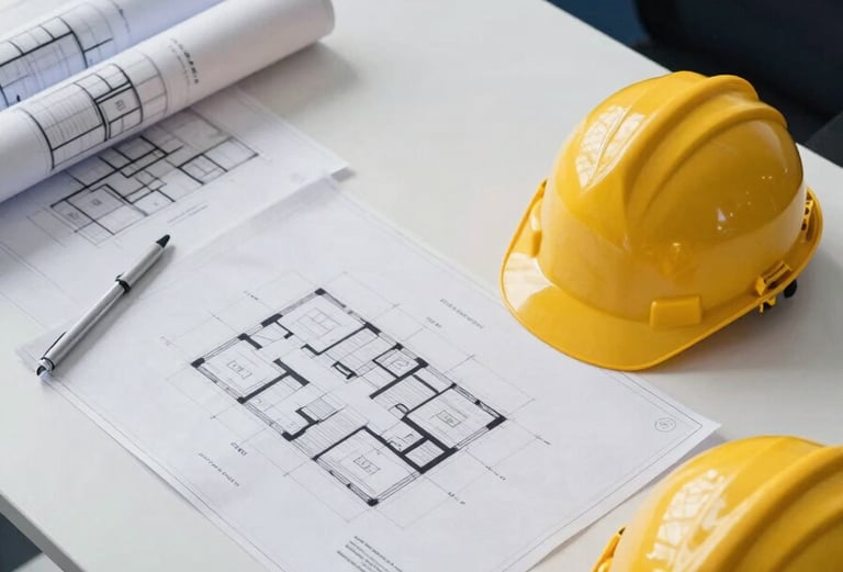 An overhead flat-lay photograph of professional architectural blueprints and a yellow hard hat on a clean white desk in a modern Latin American / Spanish office, minimalist composition, Deep Midnight Blue accents.
