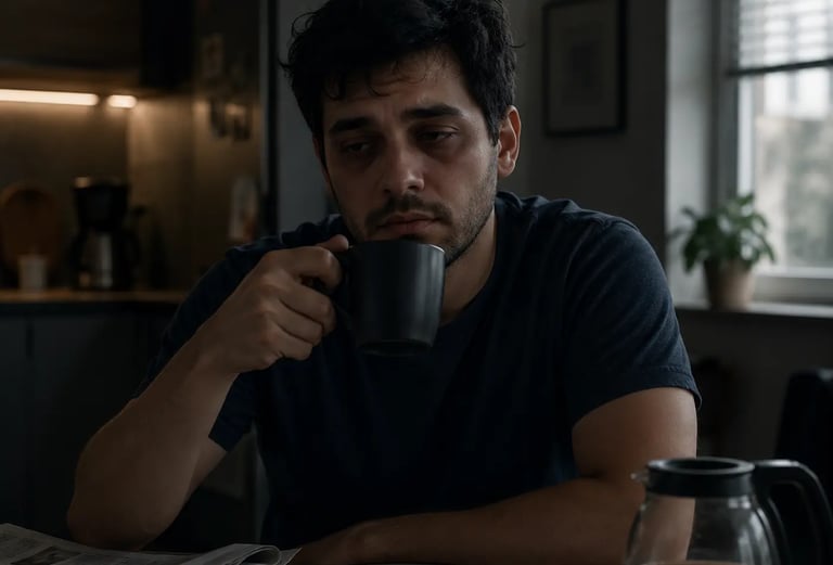 Tired man with dark circles under eyes drinking coffee in a dark kitchen.