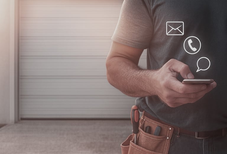 Handyman using a smartphone to contact garage door repair services via email, phone, or chat.