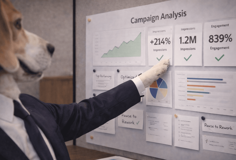 A beagle wearing a business suit pointing at a campaign analysis board with marketing data charts.
