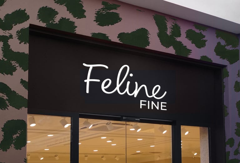 Feline Fine conceptual clothing store front with sleek branding and stylish window display.