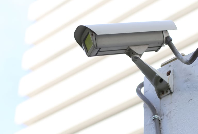a camera mounted to a wall of a building